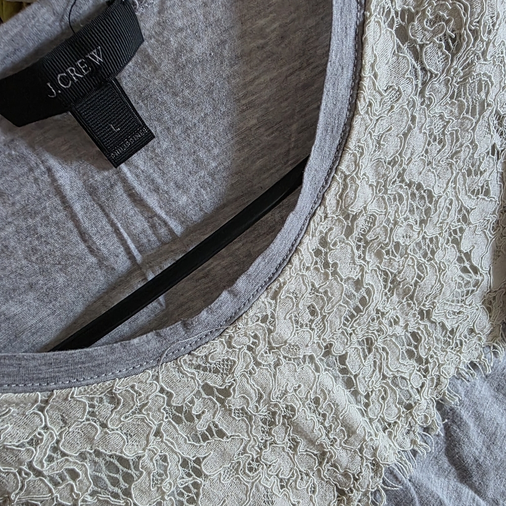 J.Crew Gray Topped with Cream Lace Detail T-shirt L - Picture 3 of 6
